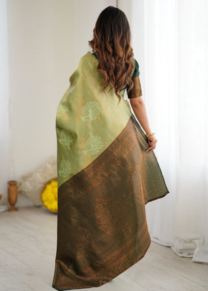 Light Green Tree‑Motif Woven Silk Saree
