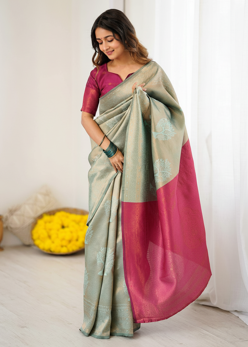 Silver and Pink Tree‑Motif Woven Silk Saree