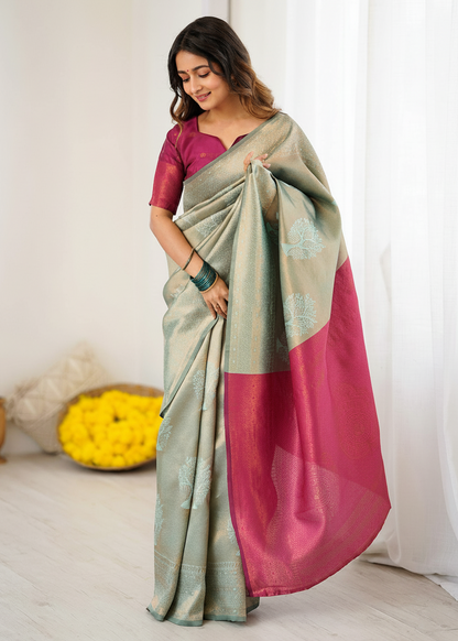 Silver and Pink Tree‑Motif Woven Silk Saree