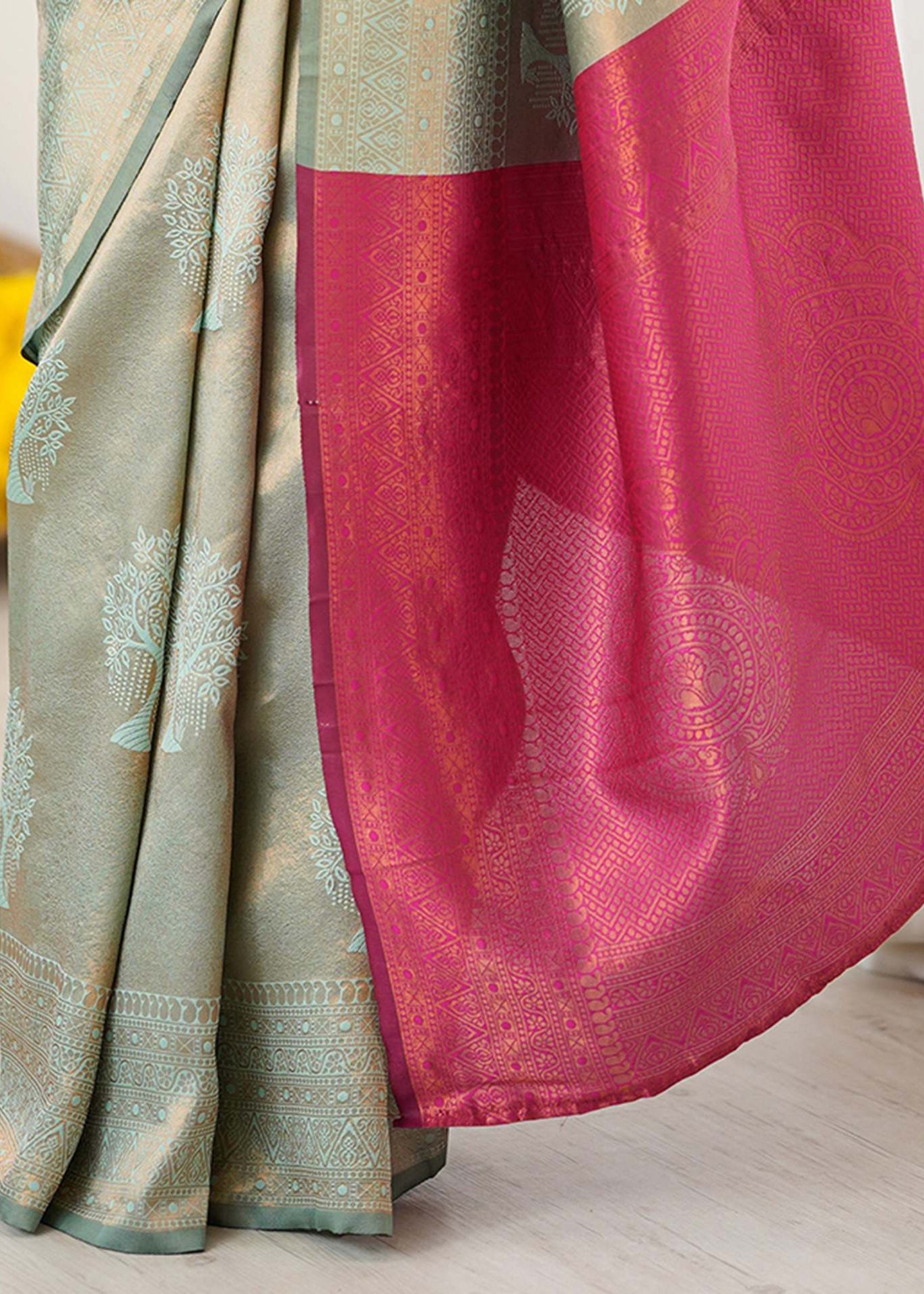 Silver and Pink Tree‑Motif Woven Silk Saree