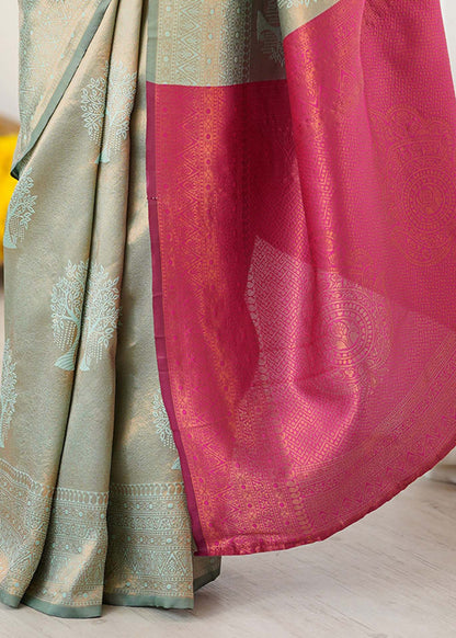 Silver and Pink Tree‑Motif Woven Silk Saree