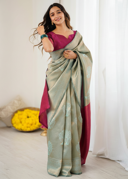 Silver and Pink Tree‑Motif Woven Silk Saree