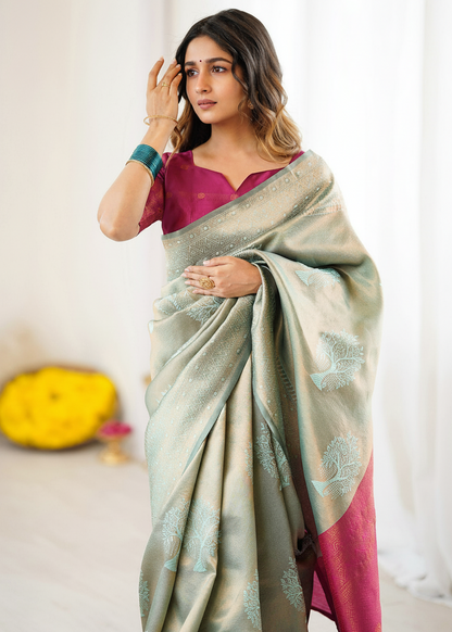 Silver and Pink Tree‑Motif Woven Silk Saree