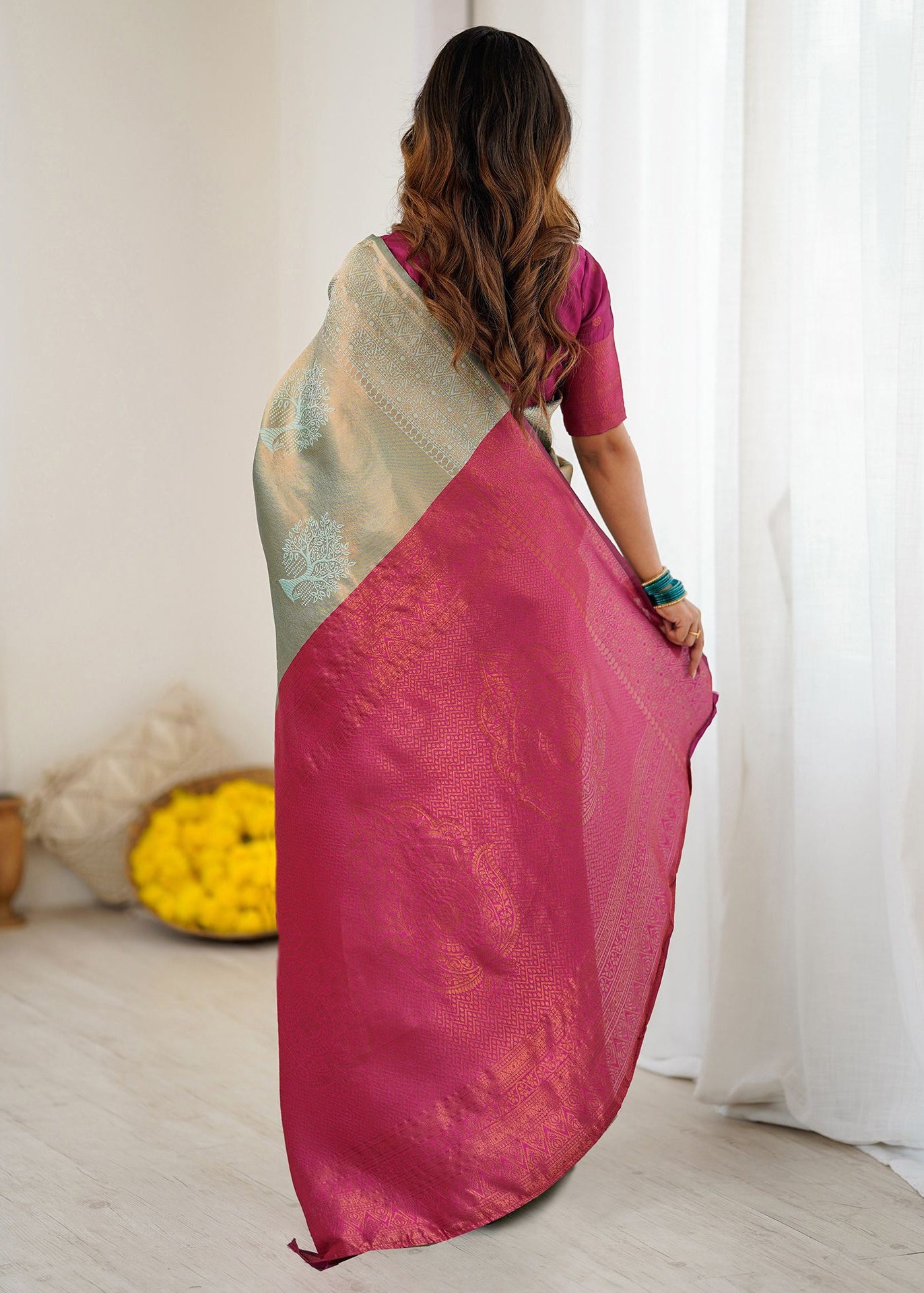 Silver and Pink Tree‑Motif Woven Silk Saree