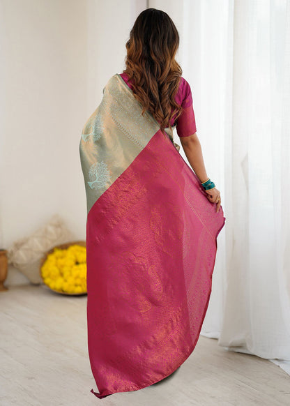 Silver and Pink Tree‑Motif Woven Silk Saree