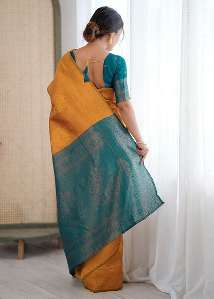 Golden Yellow and Teal Green Zari Woven Silk Saree
