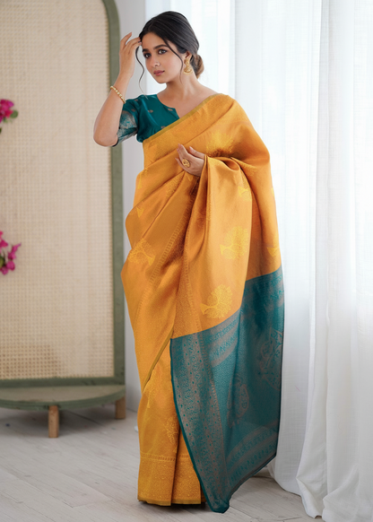 Golden Yellow and Teal Green Zari Woven Silk Saree