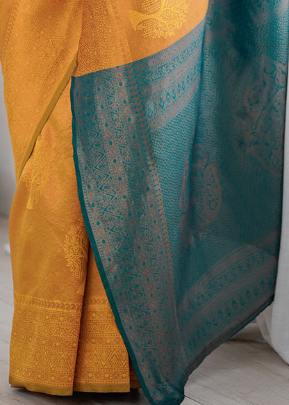 Golden Yellow and Teal Green Zari Woven Silk Saree