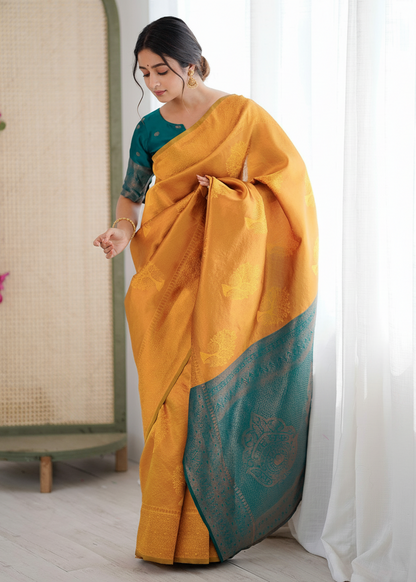 Golden Yellow and Teal Green Zari Woven Silk Saree