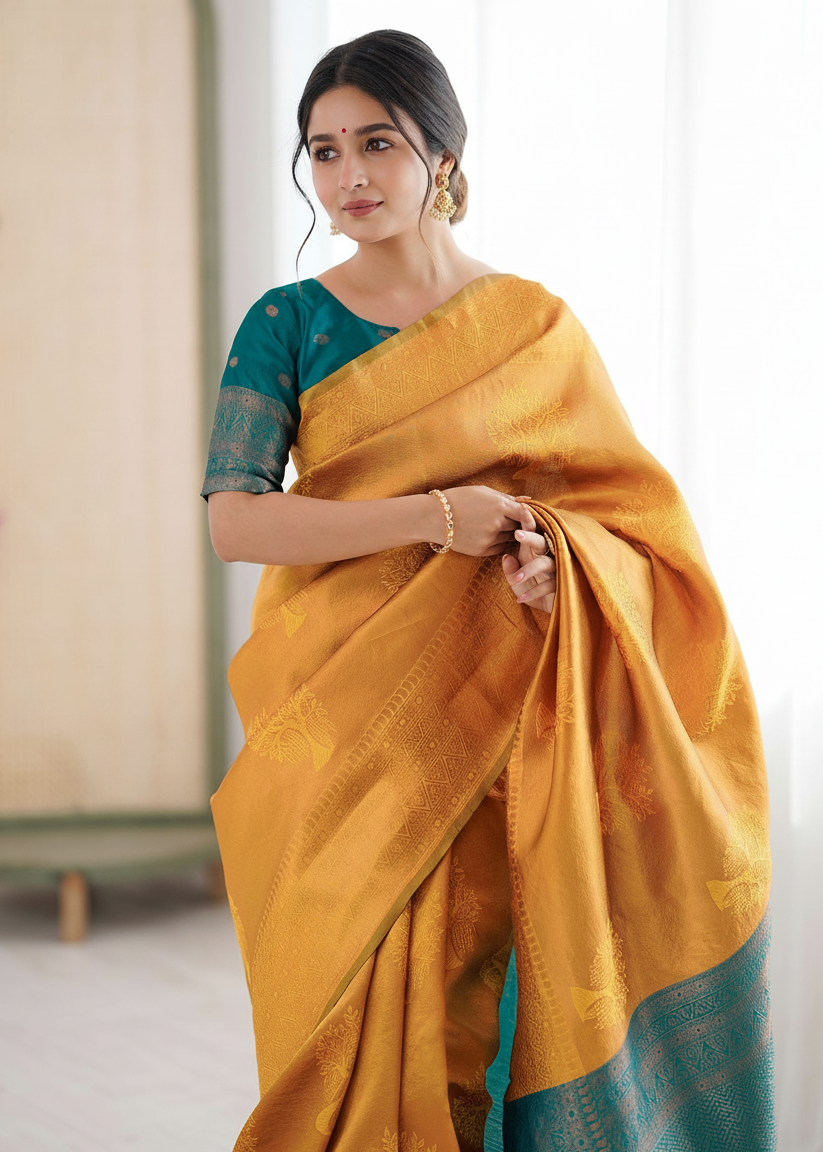 Golden Yellow and Teal Green Zari Woven Silk Saree