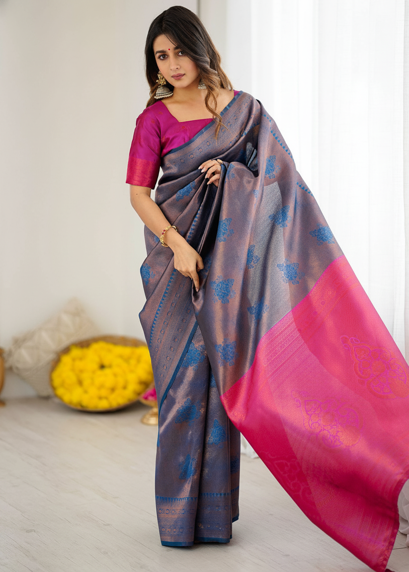 Grey and Pink Blue Motif Woven Silk Saree