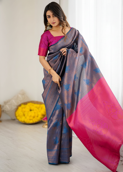 Grey and Pink Blue Motif Woven Silk Saree