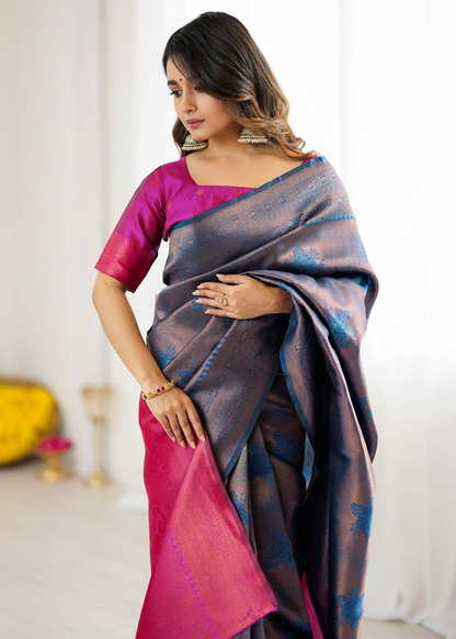 Grey and Pink Blue Motif Woven Silk Saree