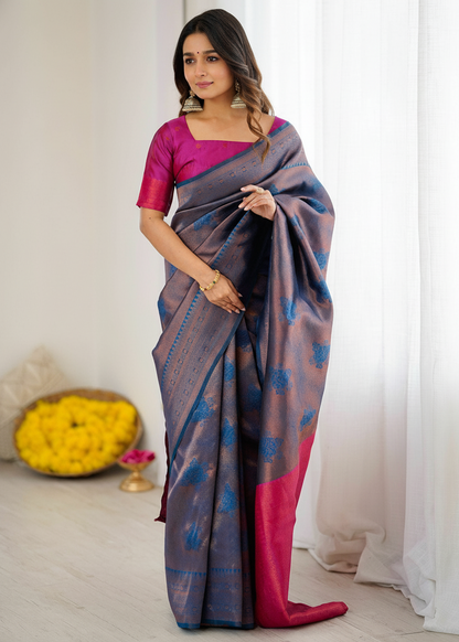 Grey and Pink Blue Motif Woven Silk Saree