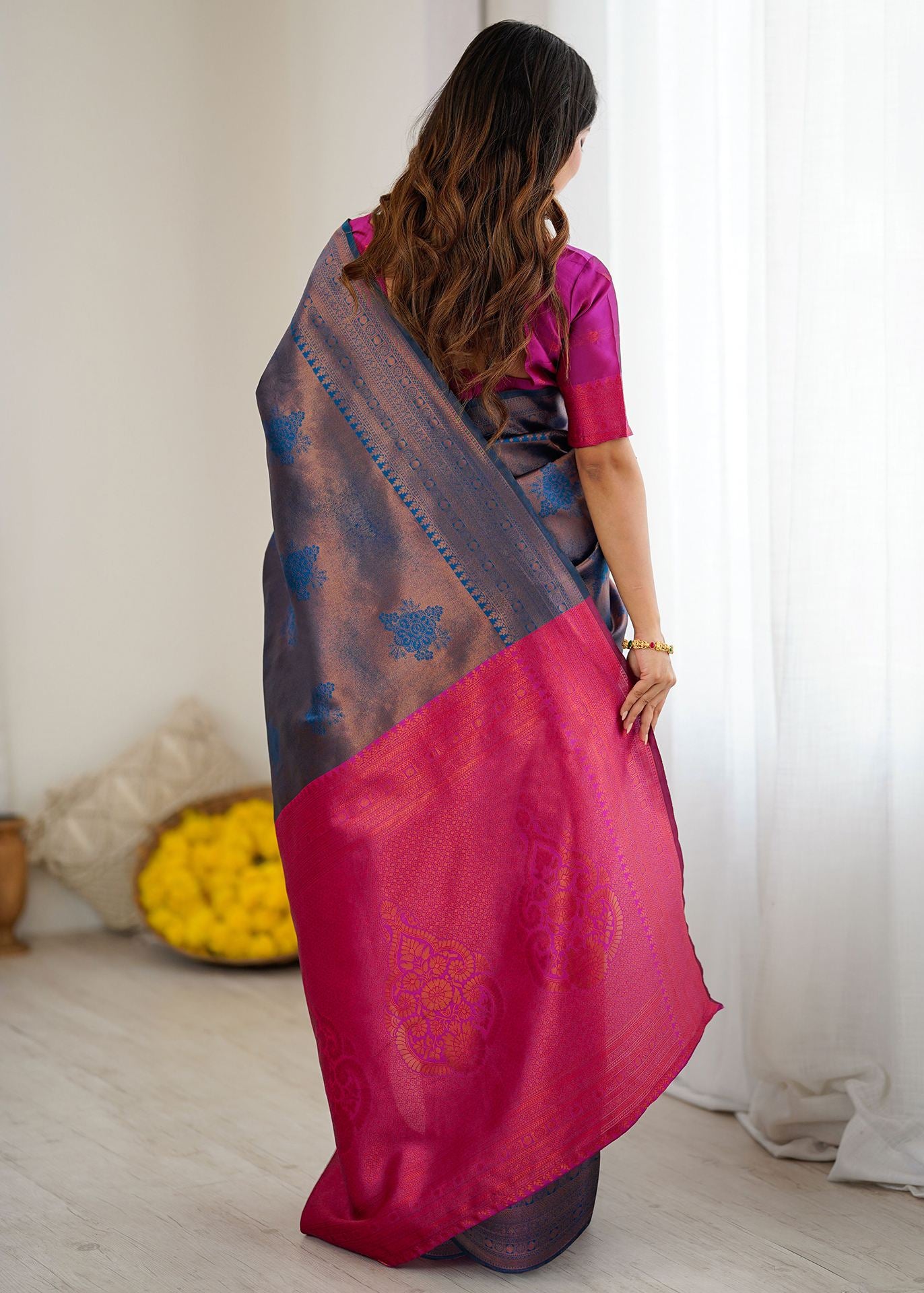 Grey and Pink Blue Motif Woven Silk Saree