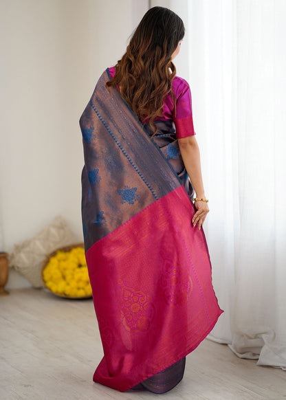 Grey and Pink Blue Motif Woven Silk Saree