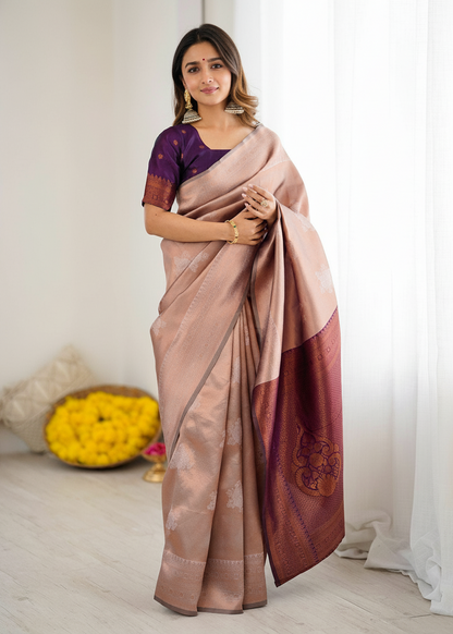 Beige and Purple Contrast Woven Silk Saree