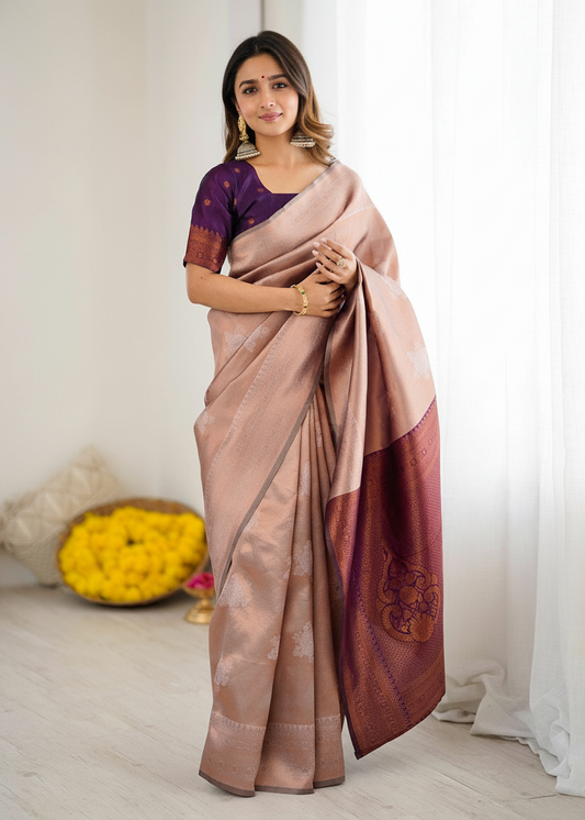 Beige and Purple Contrast Woven Silk Saree