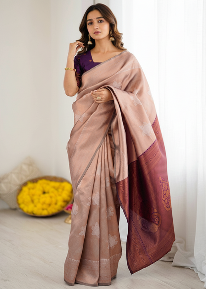 Beige and Purple Contrast Woven Silk Saree