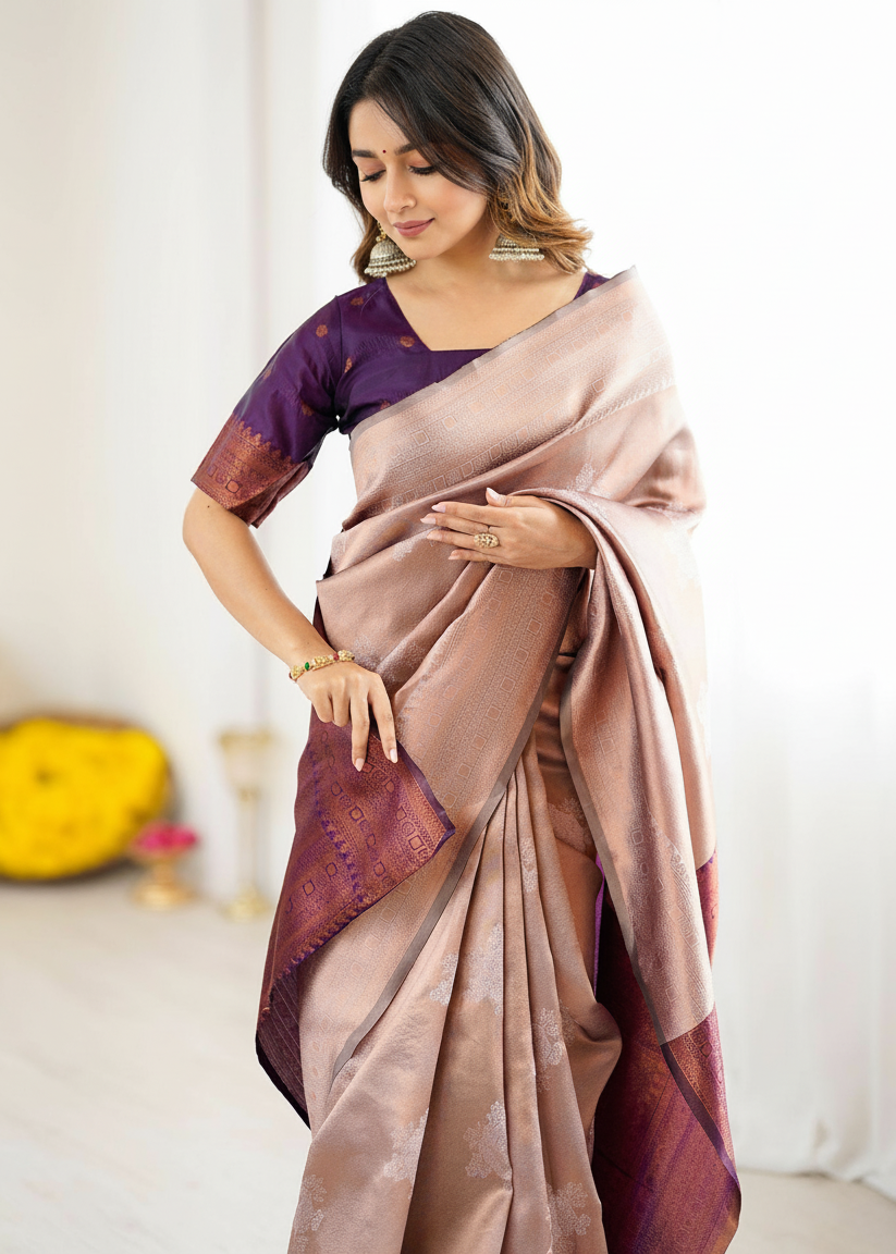 Beige and Purple Contrast Woven Silk Saree