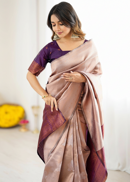 Beige and Purple Contrast Woven Silk Saree