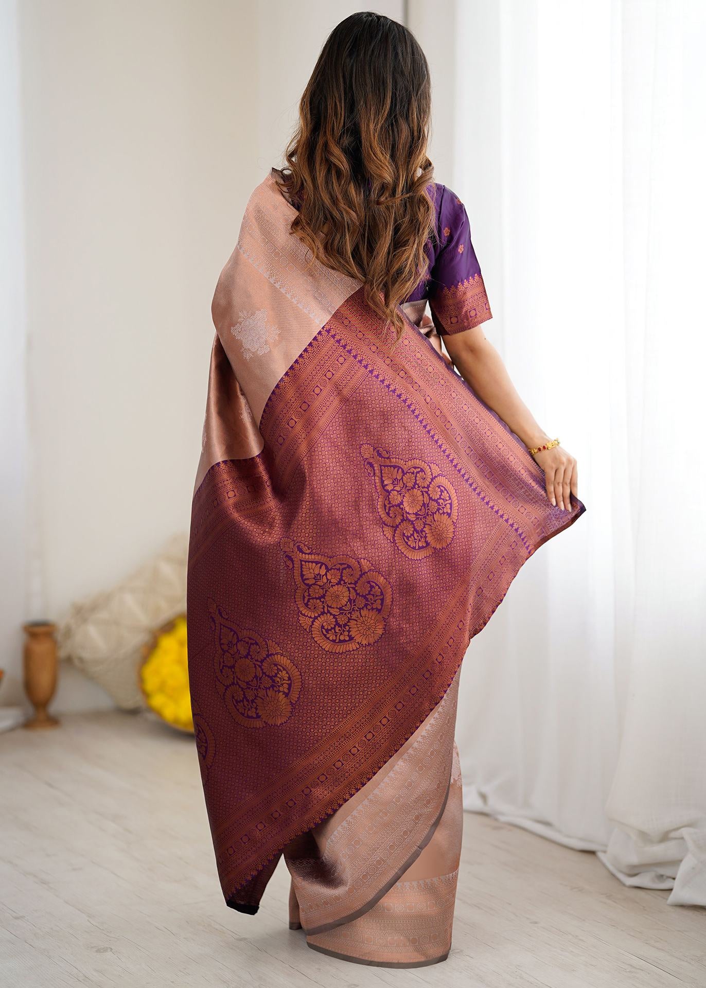Beige and Purple Contrast Woven Silk Saree