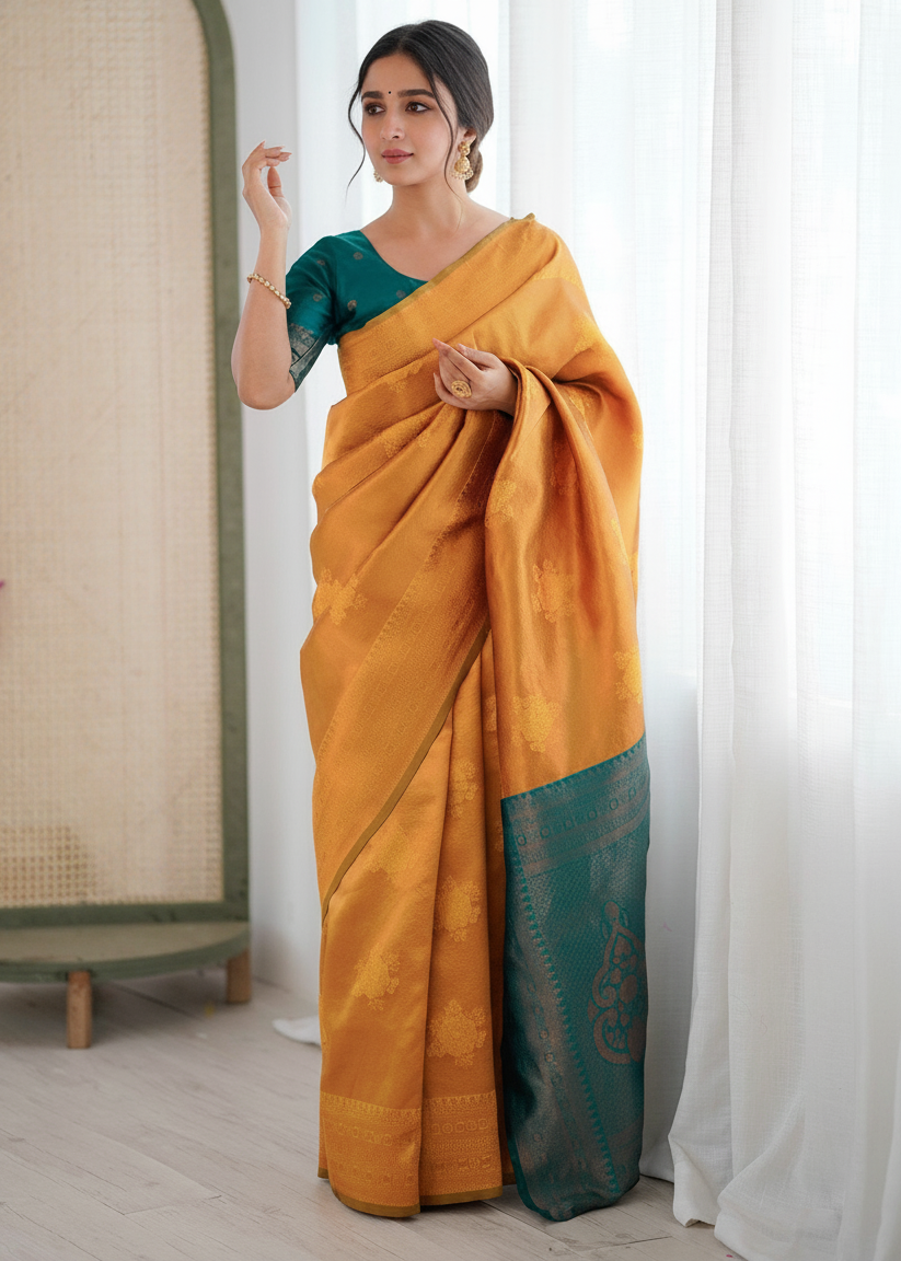Golden Yellow Zari Border Woven Silk Saree