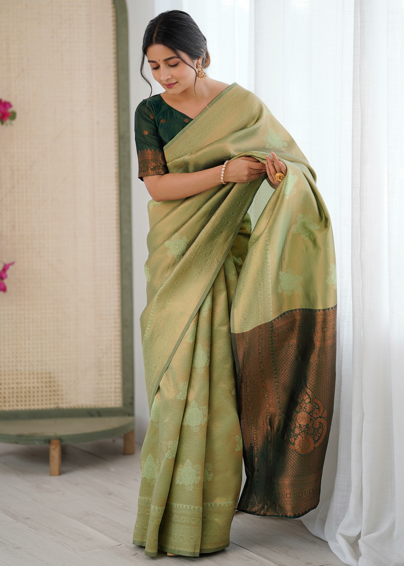 Olive Green Jacquard Woven Silk Saree
