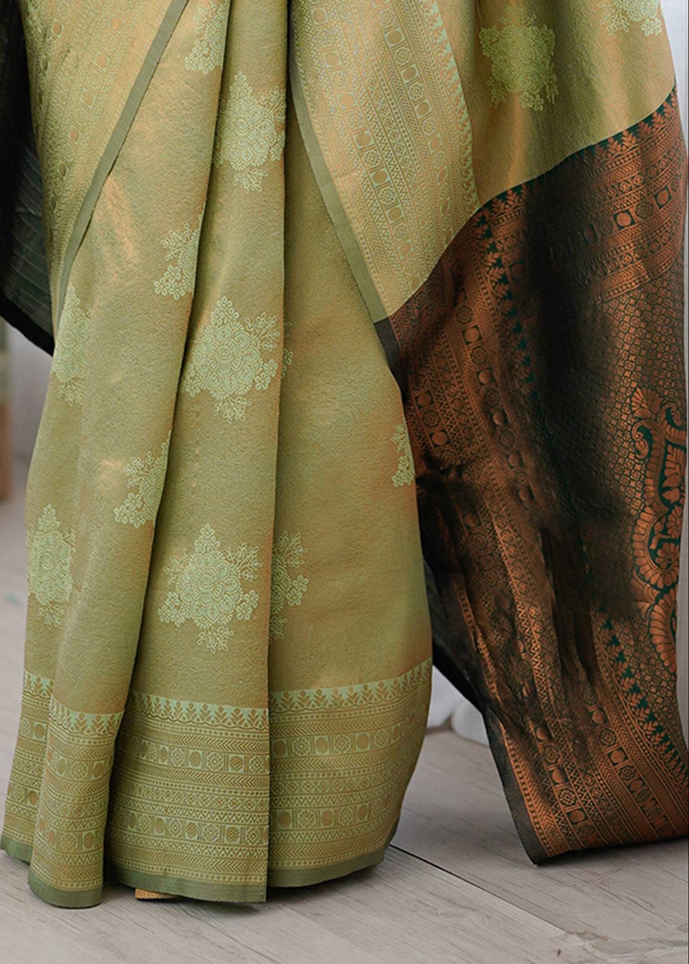 Olive Green Jacquard Woven Silk Saree