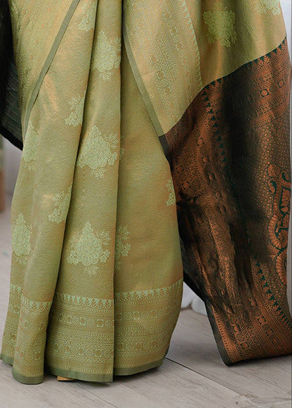 Olive Green Jacquard Woven Silk Saree