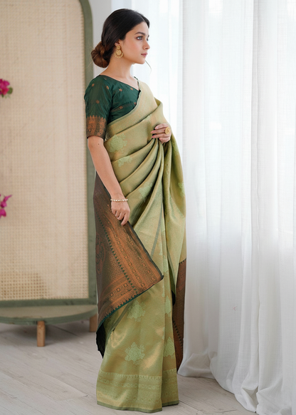 Olive Green Jacquard Woven Silk Saree