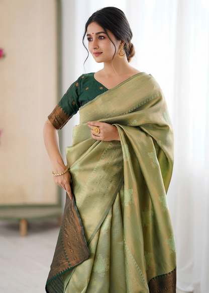 Olive Green Jacquard Woven Silk Saree