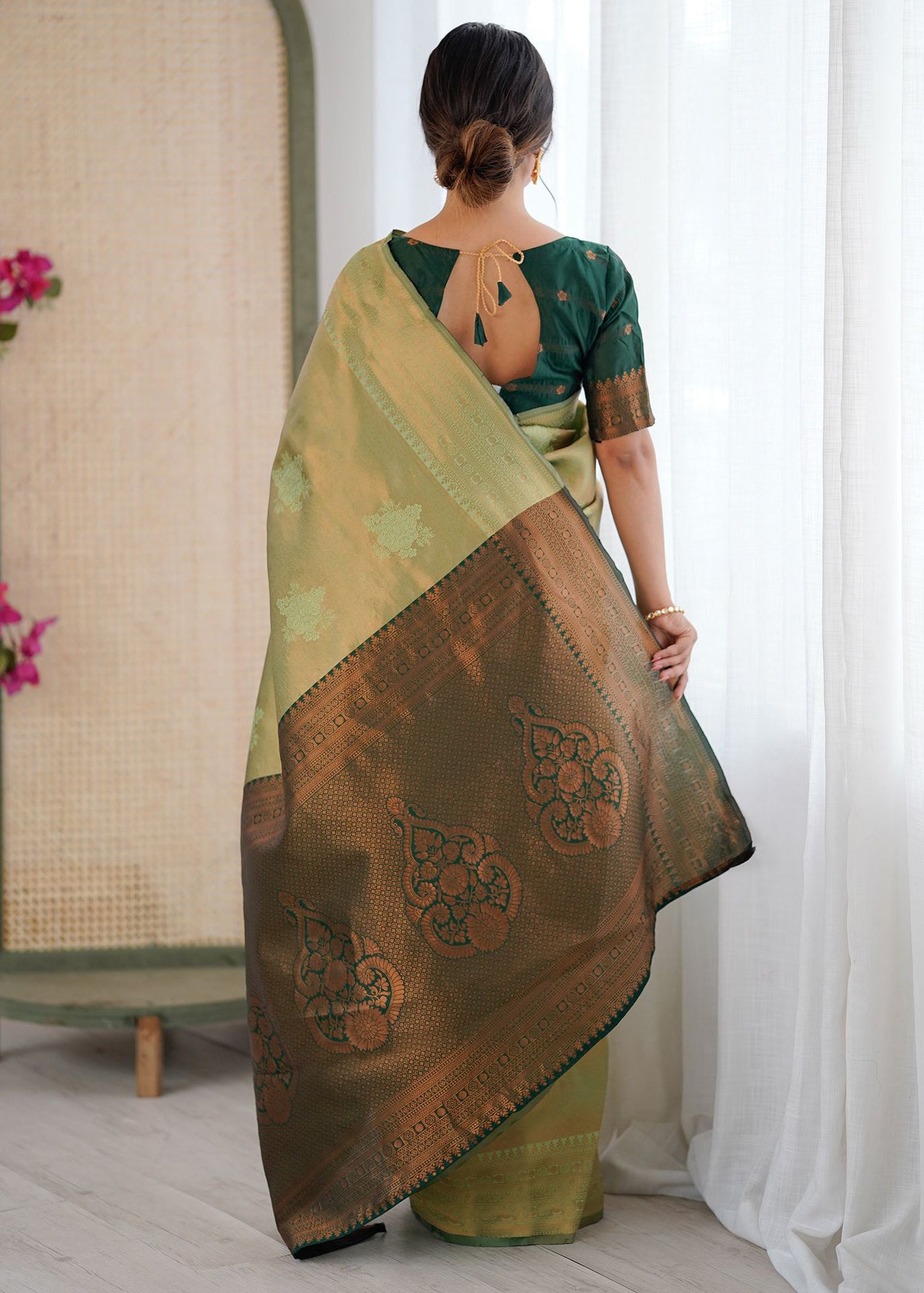 Olive Green Jacquard Woven Silk Saree