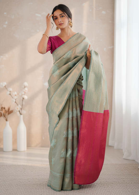 Pale Green and Pink Zari Woven Silk Saree