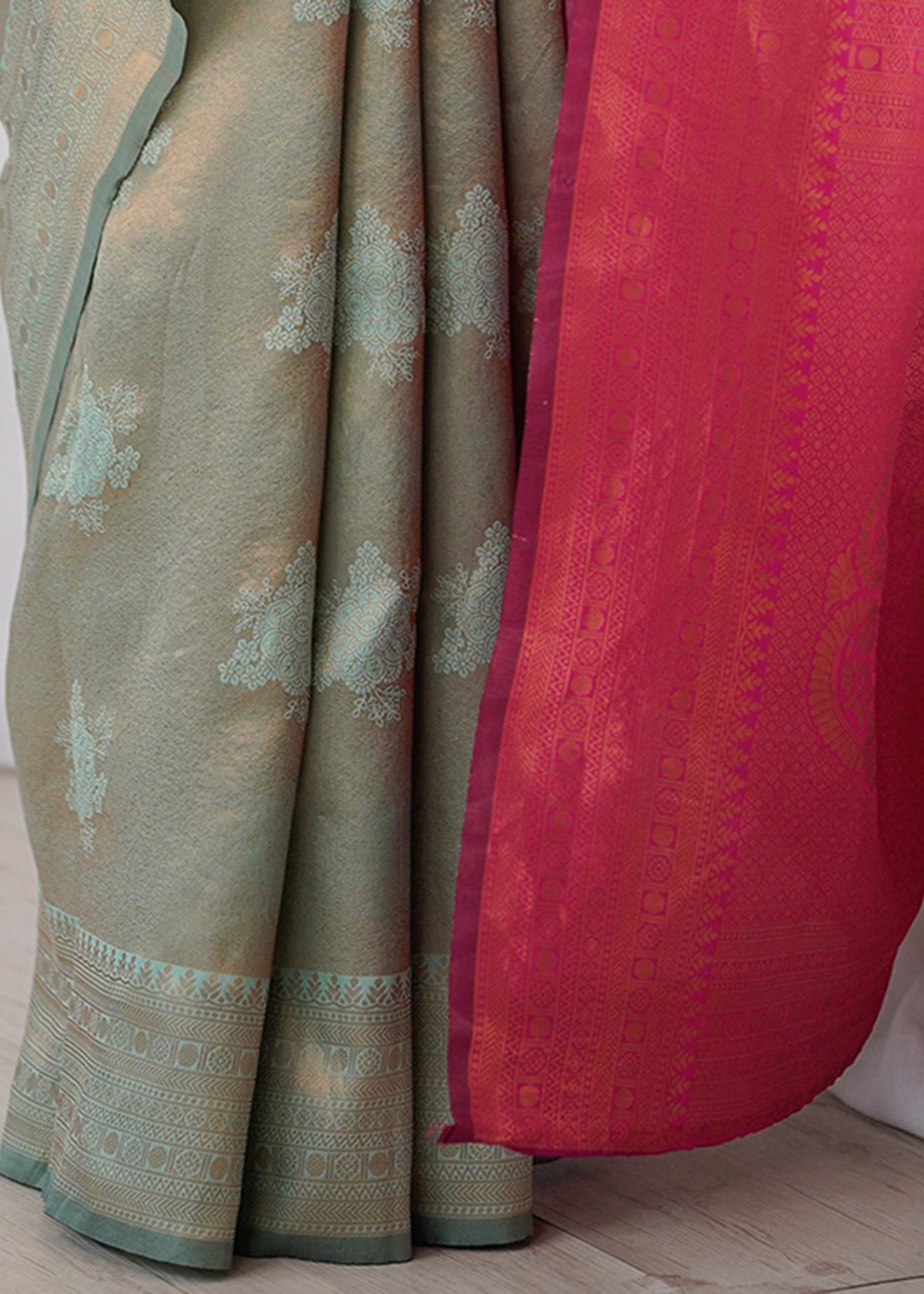 Pale Green and Pink Zari Woven Silk Saree