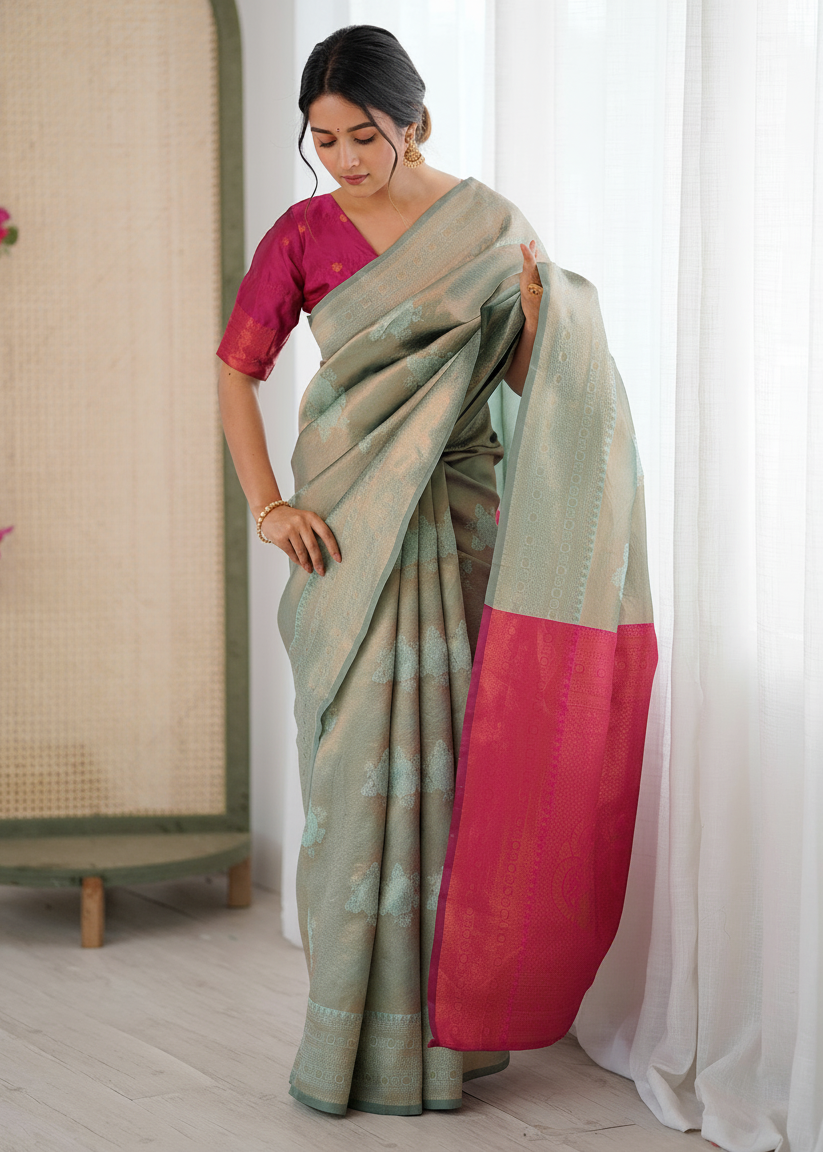 Pale Green and Pink Zari Woven Silk Saree