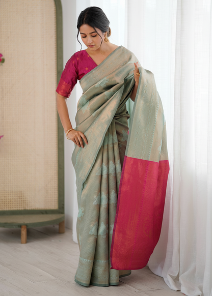 Pale Green and Pink Zari Woven Silk Saree