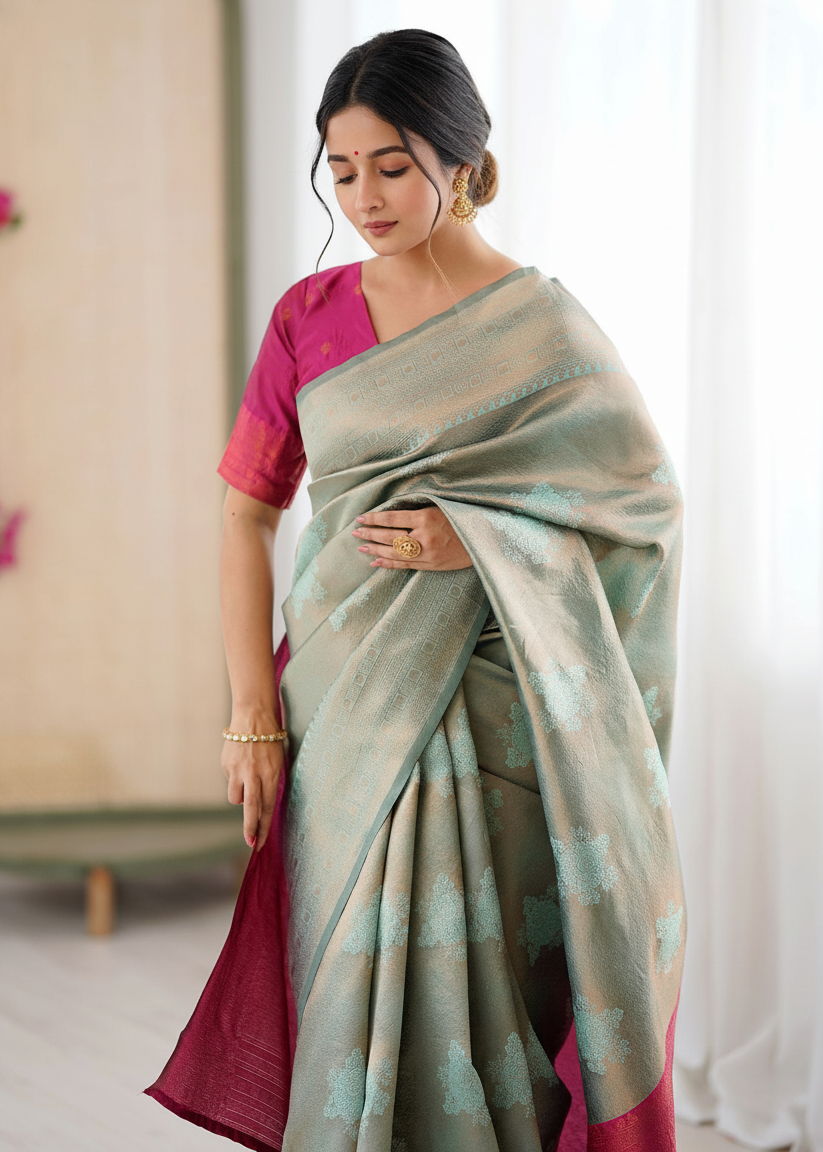 Pale Green and Pink Zari Woven Silk Saree