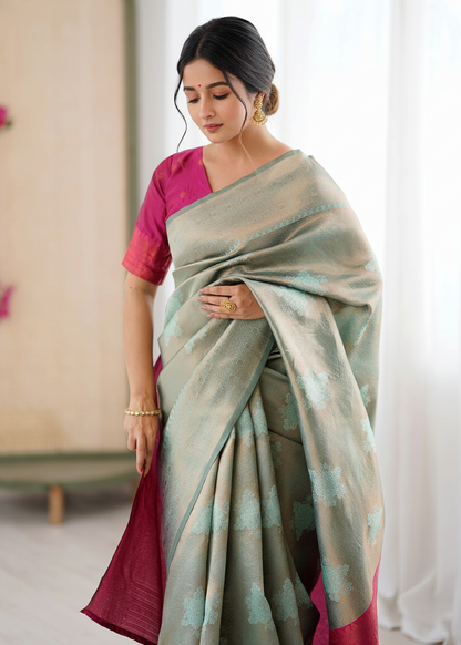 Pale Green and Pink Zari Woven Silk Saree