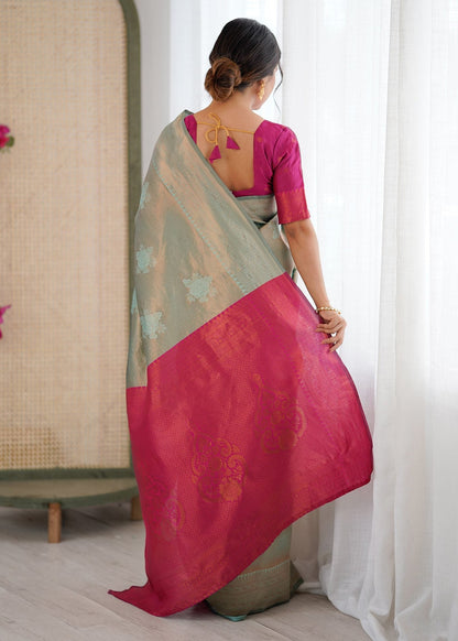 Pale Green and Pink Zari Woven Silk Saree