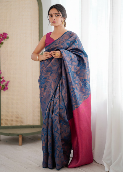 Blue Floral Jacquard Woven Silk Saree