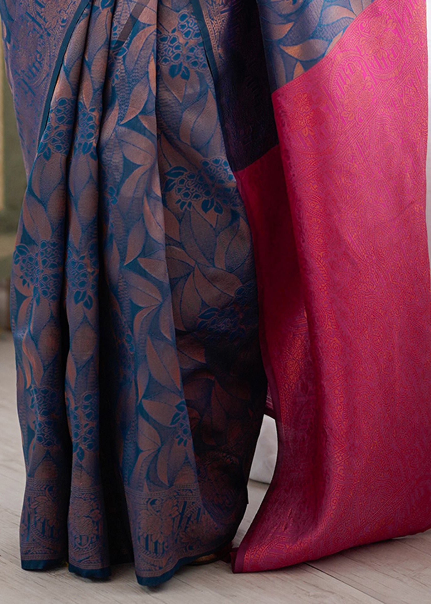 Blue Floral Jacquard Woven Silk Saree