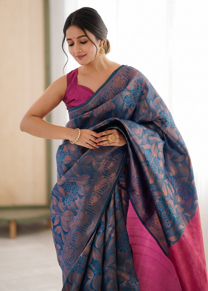 Blue Floral Jacquard Woven Silk Saree