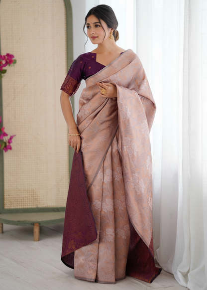 Peach and Deep Purple Woven Silk Saree