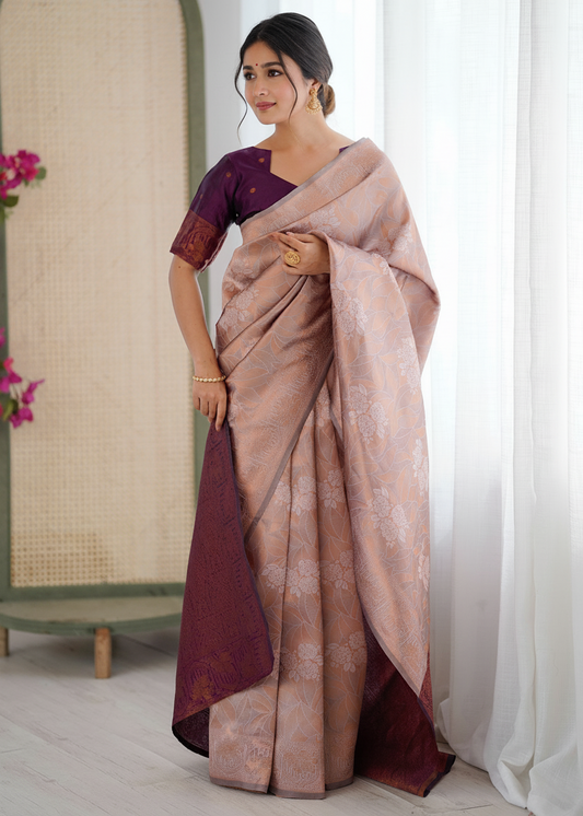 Peach and Deep Purple Woven Silk Saree