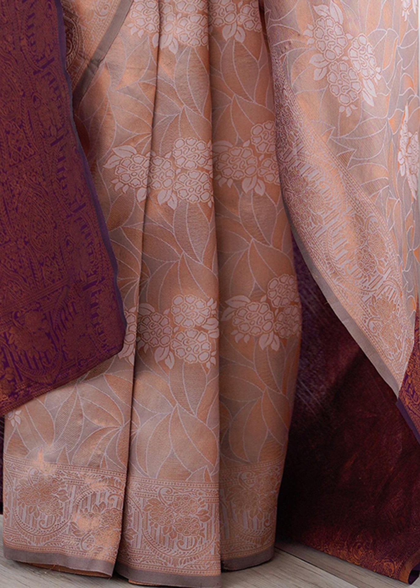 Peach and Deep Purple Woven Silk Saree