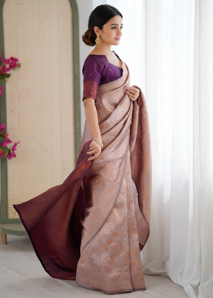 Peach and Deep Purple Woven Silk Saree