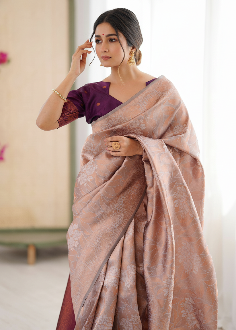 Peach and Deep Purple Woven Silk Saree