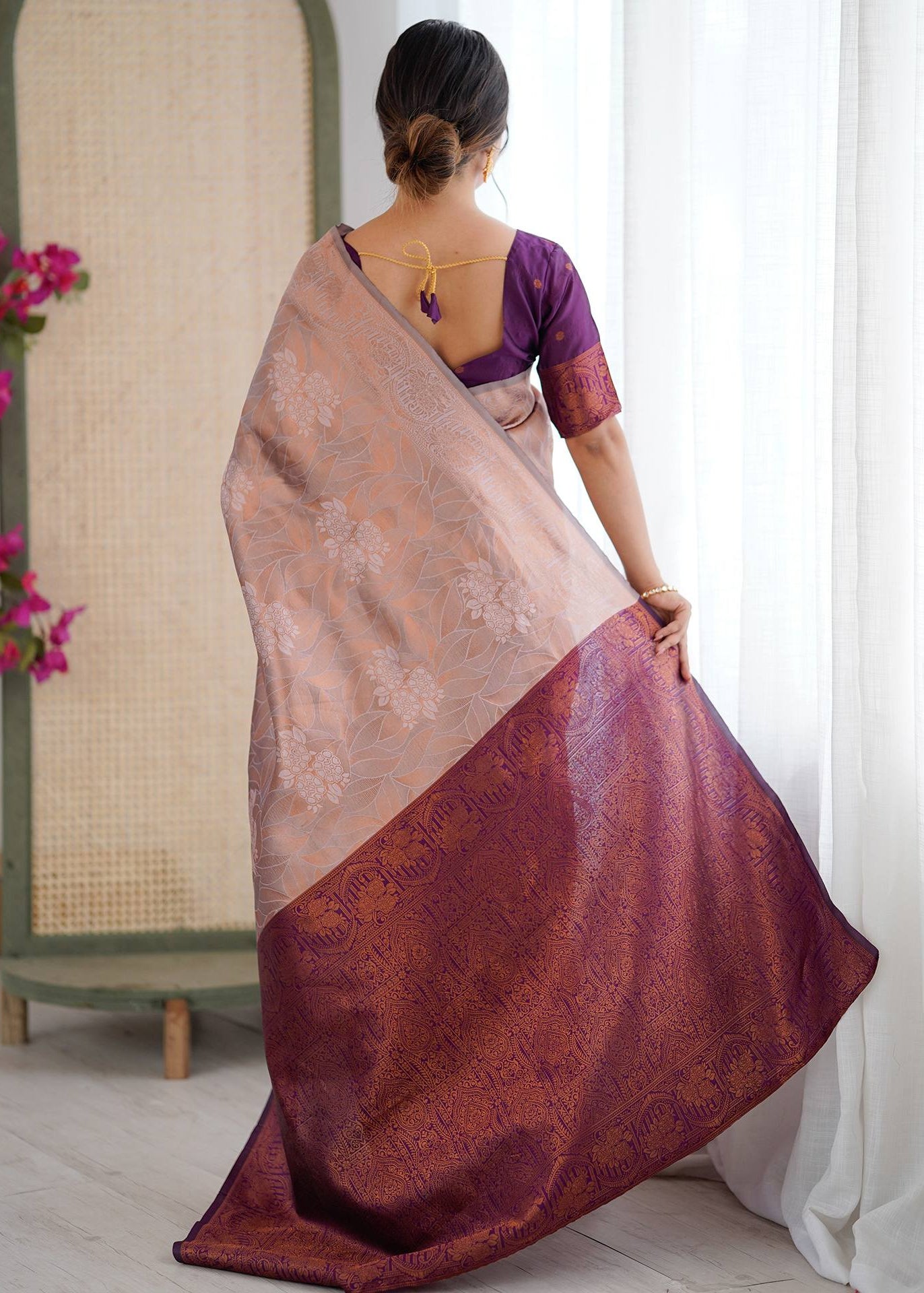 Peach and Deep Purple Woven Silk Saree