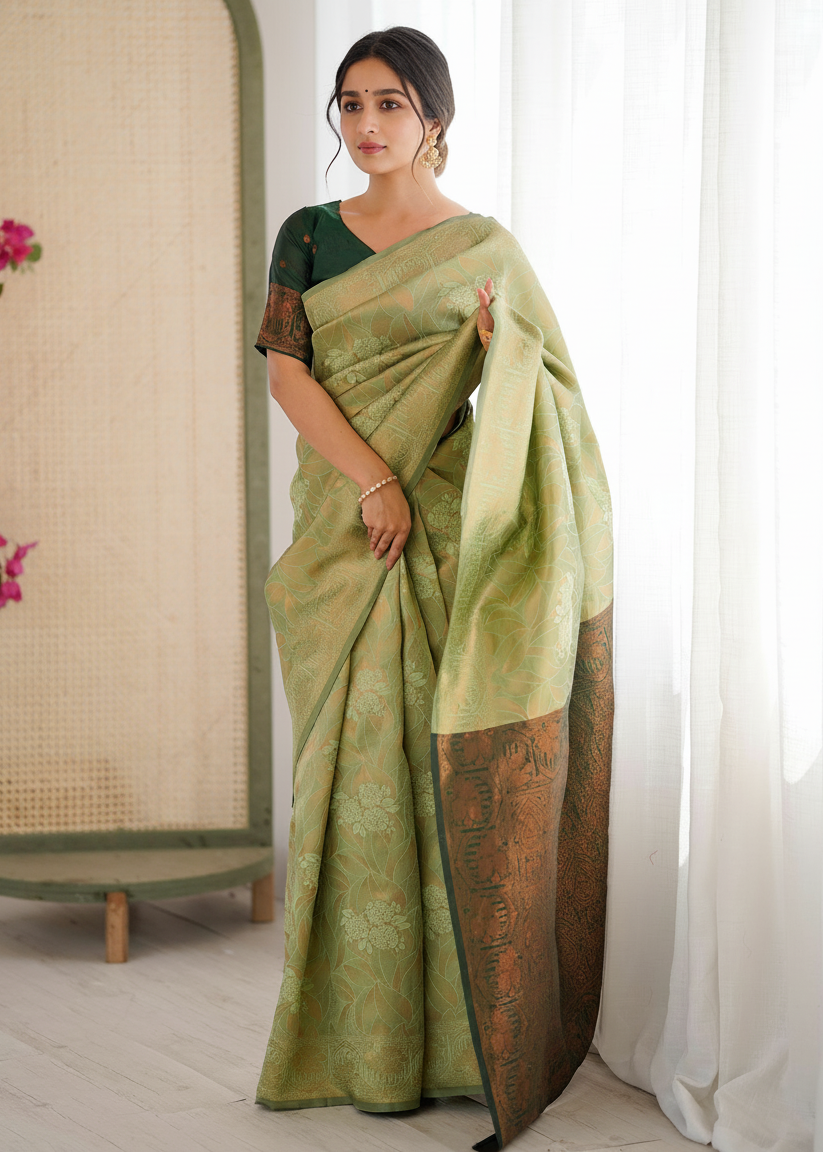Pista Green Floral Woven Silk Saree
